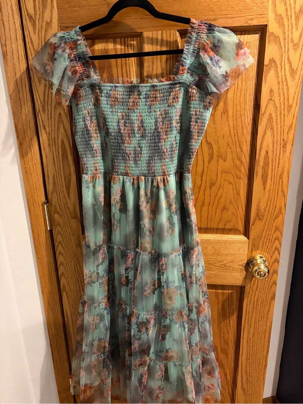 Baltic Born Mint Floral Smocked Midi Dress with Pink & Brown Blooms